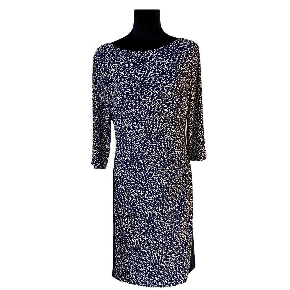 LRL Lined Navy and Tan Midi Dress